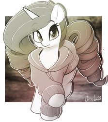 Size: 976x1094 | Tagged: safe, artist:llametsul, rarity, pony, unicorn, g4, alternate hairstyle, atg 2022, blurry background, clothes, cute, female, hoodie, looking at you, mare, monochrome, newbie artist training grounds, signature, solo
