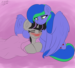 Size: 2200x2000 | Tagged: safe, artist:astrum, oc, oc only, oc:felicity stars, oc:magna-save, pegasus, pony, unicorn, blanket, caring for the sick, comforting, cuddling, cute, digital art, eyes closed, female, high res, hoof on head, lesbian, lidded eyes, looking down, lying down, magslicity, oc x oc, prone, red nosed, shipping, sick, sitting, smiling, wholesome, wings