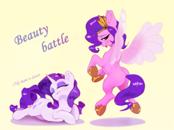 Size: 3801x2849 | Tagged: safe, artist:xbi, pipp petals, rarity, pegasus, pony, unicorn, g5, bedroom eyes, blushing, butt, duo, duo female, eyes closed, eyeshadow, female, flying, headband, high res, jewelry, lidded eyes, looking at you, looking back, looking back at you, makeup, mare, pipp butt, plot, raspberry, regalia, simple background, smiling, smiling at you, spread wings, tabun art-battle cover, text, tongue out, underhoof, wings, yellow background