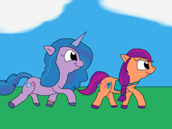 Size: 2000x1500 | Tagged: safe, artist:blazewing, izzy moonbow, sunny starscout, earth pony, pony, unicorn, g5, my little pony: a new generation, atg 2022, bag, bracelet, cloud, drawpile, duo, duo female, female, friendship bracelet, grass, jewelry, mare, newbie artist training grounds, pin, saddle bag, satchel, smiling, walking