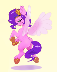Size: 2242x2849 | Tagged: safe, artist:xbi, pipp petals, pegasus, pony, g5, bedroom eyes, blushing, butt, female, flying, headband, high res, jewelry, lidded eyes, looking at you, looking back, looking back at you, mare, pipp butt, plot, raspberry, regalia, simple background, smiling, smiling at you, solo, spread wings, tongue out, underhoof, wings, yellow background