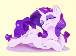 Size: 1933x1430 | Tagged: safe, artist:xbi, rarity, pony, unicorn, g4, chin up, eyes closed, female, horn, lying down, mare, prone, simple background, smiling, solo, text, yellow background