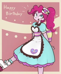 Size: 1620x1954 | Tagged: safe, artist:yuka_mono195, pinkie pie, human, equestria girls, g4, clothes, cutie mark on clothes, emanata, female, happy birthday, hat, looking at you, open mouth, open smile, roller skates, server pinkie pie, simple background, smiling, smiling at you, solo