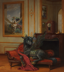 Size: 2000x2260 | Tagged: safe, alternate version, artist:bra1neater, princess celestia, princess luna, queen chrysalis, changeling, changeling queen, clock, couch, crown, fainting couch, female, fine art emulation, fireplace, high res, hoof shoes, jewelry, lying, lying down, painting, picnic, prone, regalia, room, smiling, solo