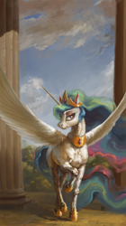 Size: 1000x1790 | Tagged: safe, alternate version, artist:bra1neater, princess celestia, alicorn, pony, g4, column, female, fine art emulation, hoers, looking at you, mare, sky, solo, spread wings, walking, wings