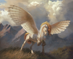 Size: 2000x1596 | Tagged: safe, alternate version, artist:bra1neater, oc, oc only, oc:silent flight, hippogriff, horse, chest fluff, cloud, cloudy, fine art emulation, fluffy, grass, hoers, looking at something, male, mountain, mountain range, raised claw, raised hoof, realistic wings, solo, spread wings, talons, wings