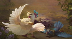 Size: 2229x1200 | Tagged: safe, artist:bra1neater, artist:v747, princess celestia, princess luna, bird, dove, pigeon, g4, birb, birdified, bread, breading, chest fluff, collaboration, duo, female, fine art emulation, fluffy, food, freckles, frown, horn, lidded eyes, lying down, majestic as fuck, neck fluff, prone, royal sisters, scenery, seed, siblings, sisters, smiling, species swap, spread wings, technically advanced, unamused, wing hands, wings