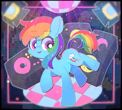 Size: 791x715 | Tagged: safe, artist:lexiedraw, rainbow dash, earth pony, pegasus, pony, animated, confetti, dancing, disco, disco ball, earth pony rainbow dash, gif, open mouth, race swap, solo, speaker, wingless