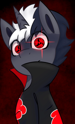 Size: 1241x2048 | Tagged: safe, artist:askhypnoswirl, oc, oc only, pony, unicorn, anime, clothes, dark background, eye clipping through hair, glowing, glowing eyes, looking at you, male, mangekyo sharingan, naruto, sharingan, simple background, solo, stallion, wide eyes