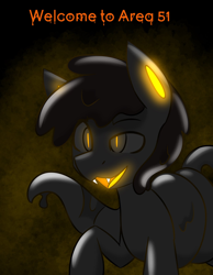 Size: 1590x2048 | Tagged: safe, artist:askhypnoswirl, oc, oc only, earth pony, goo, goo pony, original species, pony, area 51, dark background, eyebrows, eyebrows visible through hair, glowing, glowing eyes, simple background, solo, tentacles, text