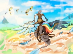 Size: 4000x3000 | Tagged: safe, artist:flaremoon, rainbow dash, pegasus, pony, g4, airship, city, clothes, feather, fight, floppy ears, flying, goggles, knife, mouth hold, rear view, solo, spread wings, town, underhoof, weapon, wings, zeppelin
