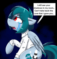 Size: 1962x2048 | Tagged: safe, artist:askhypnoswirl, oc, oc only, oc:delta vee, pegasus, pony, clothes, crying, dialogue, female, floppy ears, folded wings, high res, juice wrld, lucid dreams, mare, monologue, open mouth, pegasus oc, raised hoof, sad, side view, simple background, sitting, solo, song reference, speech bubble, talking, wings