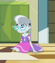 Size: 622x714 | Tagged: safe, edit, edited screencap, editor:darkhooves, screencap, silver spoon, human, equestria girls, g4, my little pony equestria girls: rainbow rocks, boots, braid, braided ponytail, clothes, cochlear implant, cropped, cute, deaf, female, glasses, jewelry, lockers, necklace, shoes, silverbetes, sitting, skirt, smiling, solo