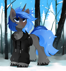 Size: 2800x3036 | Tagged: safe, artist:zlatavector, oc, oc only, oc:orion, pony, unicorn, chest fluff, clothes, commission, high res, hoodie, horn, male, nature, outdoors, snow, solo, stallion, standing, unicorn oc, unshorn fetlocks, winter