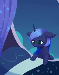 Size: 1778x2247 | Tagged: safe, artist:dusthiel, princess luna, alicorn, pony, g4, atg 2022, bed, female, floppy ears, lidded eyes, luna's room, mare, newbie artist training grounds, solo, tired