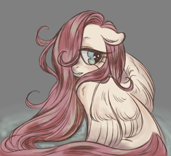 Size: 1100x1000 | Tagged: safe, artist:frowoppy, fluttershy, pegasus, pony, g4, female, hair over one eye, looking away, looking sideways, mare, open mouth, partially open wings, sitting, solo, stray strand, turned head, wings