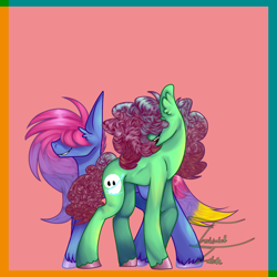 Size: 1280x1280 | Tagged: safe, artist:technicolourtorture, oc, oc only, oc:phantomine, oc:ruby sweets, earth pony, pony, blue fur, blue skin, curly hair, green fur, green skin, hair covering face, multicolored hair, simple background, straight hair