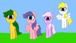 Size: 1368x777 | Tagged: safe, artist:universalponies, lickety-split, magic star, north star (g1), surprise, earth pony, pegasus, pony, g1, g4, adorablestar, adoraprise, blue eyes, cute, female, field, flying, g1 licketybetes, g1 northabetes, g1 to g4, generation leap, grass, grass field, green hair, green mane, green tail, group, mare, ms paint, outdoors, paint.net, pink hair, pink mane, pink tail, ponyland, purple eyes, purple hair, purple mane, purple tail, quartet, smiling, surprise can fly, tail, yellow hair, yellow mane, yellow tail
