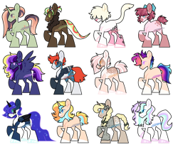 Size: 1280x1098 | Tagged: safe, artist:moonert, oc, oc only, earth pony, pegasus, pony, unicorn, earth pony oc, ethereal mane, hair over eyes, horn, pegasus oc, raised hoof, simple background, starry mane, transparent background, unicorn oc