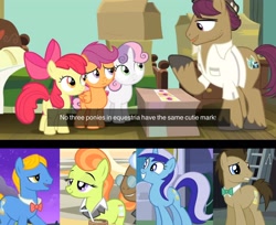 Size: 3072x2511 | Tagged: safe, edit, edited screencap, screencap, apple bloom, doctor whooves, justah bill, lady justice, minuette, perfect pace, scootaloo, snap shutter, sweetie belle, swift justice, tall order, time turner, earth pony, pegasus, pony, unicorn, g4, season 5, season 9, slice of life (episode), the last crusade, cutie mark, cutie mark crusaders, female, filly, foal, high res, male, mare, stallion