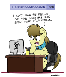 Size: 1636x1896 | Tagged: safe, artist:bobthedalek, derpibooru exclusive, oc, oc only, oc:kettle master, earth pony, pony, banana, chair, clothes, computer, desk, food, get, hoof hold, lies, male, misspelling, pencil, scarf, simple background, solo, stallion, white background