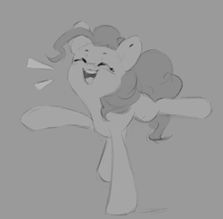 Size: 1041x1022 | Tagged: safe, artist:melodylibris, pinkie pie, earth pony, pony, g4, cute, diapinkes, eyes closed, female, gray background, grayscale, mare, monochrome, open mouth, open smile, simple background, smiling, solo, standing on two hooves