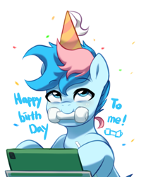 Size: 1441x1737 | Tagged: safe, artist:maren, oc, oc only, oc:blue chewings, earth pony, pony, birthday, chew toy, confetti, earth pony oc, female, happy birthday, hat, looking up, male, mare, mouth hold, party hat, simple background, solo, stallion, white background