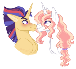 Size: 1024x931 | Tagged: safe, artist:purplegrim40, oc, oc only, oc:lance, oc:starswirl, pony, unicorn, blushing, bust, gay, horn, male, oc x oc, offspring, parent:flash sentry, parent:fleur-de-lis, parent:prince blueblood, parent:twilight sparkle, parents:flashlight, parents:fleur-de-blueblood, shipping, simple background, smiling, smirk, stallion, transparent background, unicorn oc