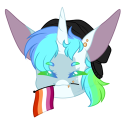 Size: 1024x1024 | Tagged: safe, artist:purplegrim40, oc, oc only, pony, unicorn, bust, commission, ear piercing, hat, horn, lesbian pride flag, mouth hold, piercing, pride, pride flag, simple background, solo, transparent background, unicorn oc, ych result