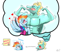 Size: 2015x1700 | Tagged: safe, artist:questionmarkdragon, rainbow dash, zephyr breeze, pegasus, pony, g4, blushing, clothes, daydream, dress, drool, female, flexing, heart, heart eyes, imagine spot, implied fluttershy, male, mare, muscles, muscular male, offscreen character, open mouth, open smile, scared, ship:zephdash, shipping, simple background, smiling, stallion, straight, sweat, sweatdrop, thought bubble, tomboy taming, trembling, unrequited, wavy mouth, white background, wingding eyes