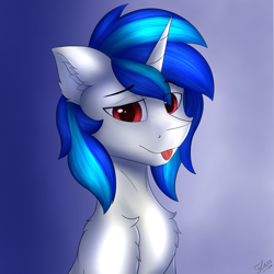 Size: 4616x4615 | Tagged: safe, artist:flapstune, dj pon-3, vinyl scratch, pony, unicorn, g4, chest fluff, ear fluff, fluffy, horn, male, record scrape, red eyes, rule 63, signature, simple background, stallion, tongue out