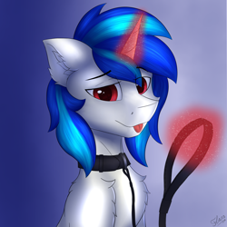 Size: 4616x4615 | Tagged: safe, alternate version, artist:flapstune, dj pon-3, vinyl scratch, pony, unicorn, g4, chest fluff, collar, ear fluff, fluffy, glowing, glowing horn, horn, leash, male, pet play, record scrape, red eyes, rule 63, signature, simple background, stallion, tongue out
