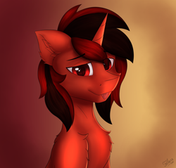 Size: 4880x4659 | Tagged: safe, artist:flapstune, oc, oc only, oc:flaps tune, pony, unicorn, chest fluff, ear fluff, fluffy, horn, male, red eyes, rule 63, signature, simple background, stallion, tongue out