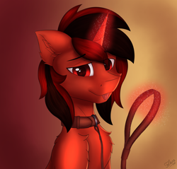 Size: 4880x4659 | Tagged: safe, alternate version, artist:flapstune, oc, oc only, oc:flaps tune, pony, unicorn, chest fluff, ear fluff, fluffy, glowing, glowing horn, horn, leash, male, red eyes, rule 63, signature, simple background, stallion, tongue out