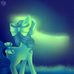 Size: 1000x1000 | Tagged: safe, artist:prettyshinegp, oc, oc only, earth pony, pony, aurora borealis, bow, earth pony oc, hair bow, signature, solo, stars