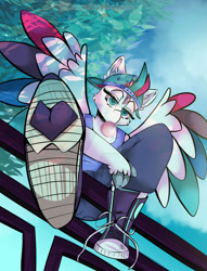 Size: 1280x1674 | Tagged: safe, artist:cozmicgalazy, zipp storm, pegasus, anthro, g5, backwards ballcap, baseball cap, bubblegum, cap, clothes, colored wings, converse, fanart, female, food, from below, gum, hat, looking at you, multicolored wings, park, relaxing, shoes, sneakers, spread wings, tank top, wings