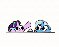 Size: 900x720 | Tagged: safe, artist:sugar morning, starlight glimmer, trixie, pony, unicorn, g4, animated, behaving like a cat, bell, cute, diatrixes, duo, female, floppy ears, glimmerbetes, horn, looking at each other, looking at someone, mare, raised hoof, simple background, sound, weapons-grade cute, webm, white background