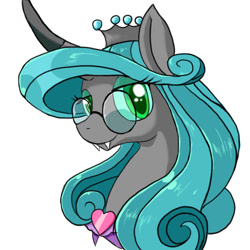 Size: 640x640 | Tagged: safe, artist:a.s.e, idw, queen chrysalis, changeling, changeling queen, g4, reflections, spoiler:comic, female, glasses, happy, heart, looking at you, mirror universe, queen, reversalis, simple background, solo, white background