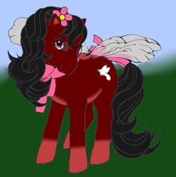 Size: 795x802 | Tagged: safe, artist:peacepetal, oc, oc:peace petal, flutter pony, g1, base used, bow, clothes, flower, flower in hair, glasses, male, red and black oc, scarf, stallion, tail, tail bow