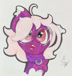 Size: 1386x1463 | Tagged: safe, artist:engi, oc, oc only, oc:chocolate, bat pony, pony, collar, female, floppy ears, glasses, open mouth, simple background, solo, traditional art