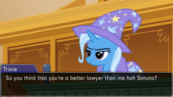 Size: 1920x1080 | Tagged: safe, artist:mrvector, trixie, oc, oc:sonata, pony, unicorn, elements of justice, turnabout storm, g4, ace attorney, animated, book, cape, clothes, female, glasses, hat, levitation, magic, mare, suit, telekinesis, trixie's cape, trixie's hat, vector, webm