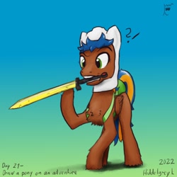 Size: 1000x1000 | Tagged: safe, artist:hiddelgreyk, oc, oc only, pegasus, pony, adventure time, backpack, brown coat, chest fluff, clothes, concerned, cosplay, costume, finn the human, gradient background, male, mouth hold, newbie artist training grounds, pegasus oc, solo, stallion, sword, weapon