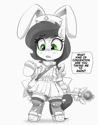 Size: 945x1200 | Tagged: safe, artist:pabbley, oc, oc only, oc:filly anon, earth pony, pony, bipedal, bunny ears, clothes, cosplay, costume, female, filly, foal, grayscale, hat, magical girl, monochrome, nurse hat, partial color, simple background, solo, speech bubble, wand, white background