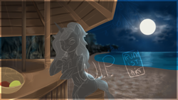 Size: 1919x1080 | Tagged: safe, artist:rumista, oc, oc only, pony, beach, commission, moon, night, ocean, palm tree, solo, tree, water, wip, your character here