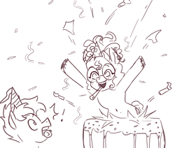 Size: 814x690 | Tagged: safe, artist:nire, oc, oc:blue chewings, earth pony, pegasus, pony, birthday cake, cake, chew toy, confetti, duo, female, food, freckles, glasses, happy birthday, hat, male, mare, monochrome, mouth hold, party hat, party horn, popping out of a cake, simple background, stallion, white background