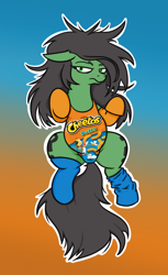 Size: 520x850 | Tagged: safe, artist:jargon scott, oc, oc only, oc:anon-mare, earth pony, pony, cheetos, chubby, clothes, fat, female, floppy ears, frown, gradient background, leotard, mare, solo, stockings, thigh highs