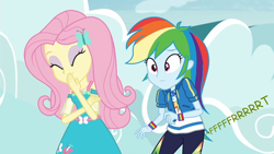 Size: 960x540 | Tagged: safe, edit, edited screencap, editor:thedarkpony, screencap, fluttershy, rainbow dash, human, equestria girls, equestria girls specials, g4, my little pony equestria girls: better together, my little pony equestria girls: rollercoaster of friendship, clothes, cute, dashabetes, dress, fart, fart edit, fart noise, female, hoodie, onomatopoeia, pants, shirt, shyabetes, sibling love, sisterly love, sound effects, t-shirt
