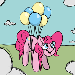 Size: 2145x2145 | Tagged: safe, artist:doodledonutart, pinkie pie, earth pony, pony, adventure, atg 2022, balloon, cloud, female, floating, high res, looking up, mare, newbie artist training grounds, open mouth, open smile, smiling, solo, then watch her balloons lift her up to the sky