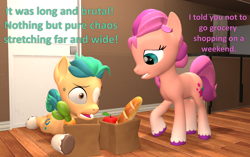 Size: 1718x1080 | Tagged: safe, artist:red4567, hitch trailblazer, sunny starscout, earth pony, pony, g4, g5, 3d, apple, atg 2022, bag, baguette, blaze (coat marking), bread, carrot, coat markings, dialogue, duo, duo male and female, facial markings, female, food, g5 to g4, generation leap, groceries, herbivore, male, mare, newbie artist training grounds, paper bag, socks (coat markings), source filmmaker, stallion, unshorn fetlocks