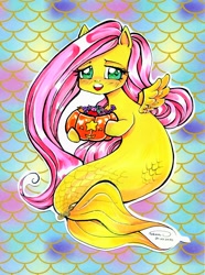 Size: 2005x2691 | Tagged: safe, artist:nanako87, fluttershy, hybrid, mermaid, merpony, pegasus, pony, seapony (g4), g4, abstract background, blushing, candy, cute, daaaaaaaaaaaw, female, food, halloween, high res, holiday, hoof hold, lidded eyes, looking at you, mare, open mouth, pumpkin bucket, seaponified, seapony fluttershy, shyabetes, signature, smiling, smiling at you, solo, species swap, wings